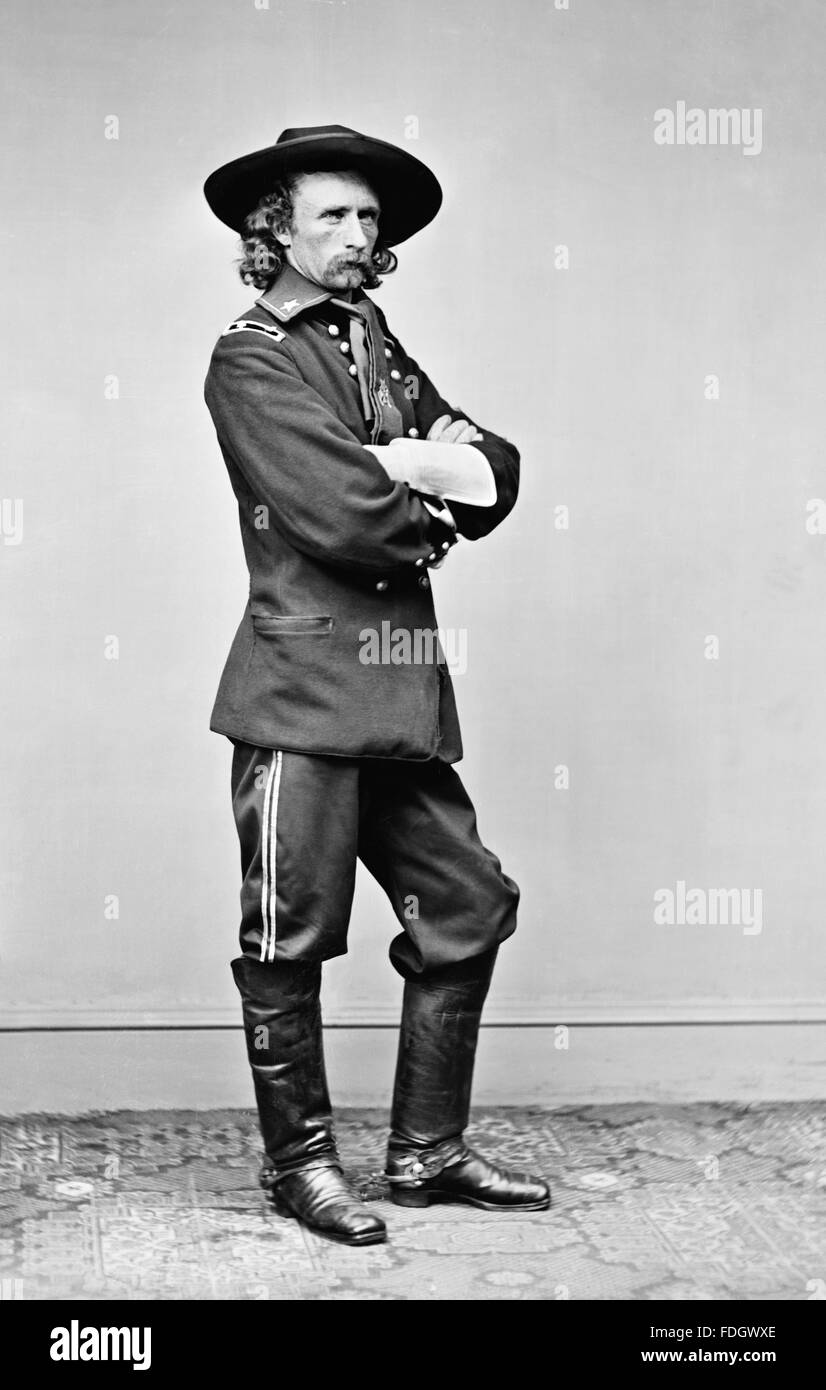 George Armstrong Custer. Portrait of General George Custer (1839– 1876), a United States Army officer and cavalry commander in the American Civil War and the American Indian Wars. Photo May 1865 Stock Photo
