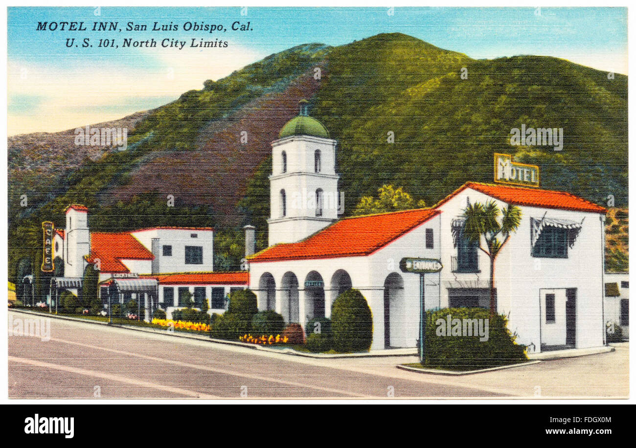 A postcard from the 1930s or 1940s of the Motel Inn, formerly the Milestone Mo-Tel, the world's first motel opened in 1925, San Luis Obispo, California, USA Stock Photo