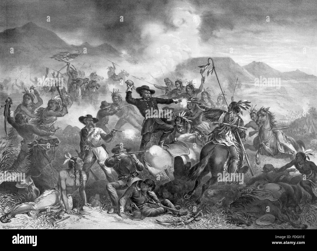 Custers Last Stand. 'General Custer's Death Struggle', Henry Steinegger's depiction of George Armstrong Custer's last stand at the Battle of Little Bighorn. Lithograph c.1878 Stock Photo