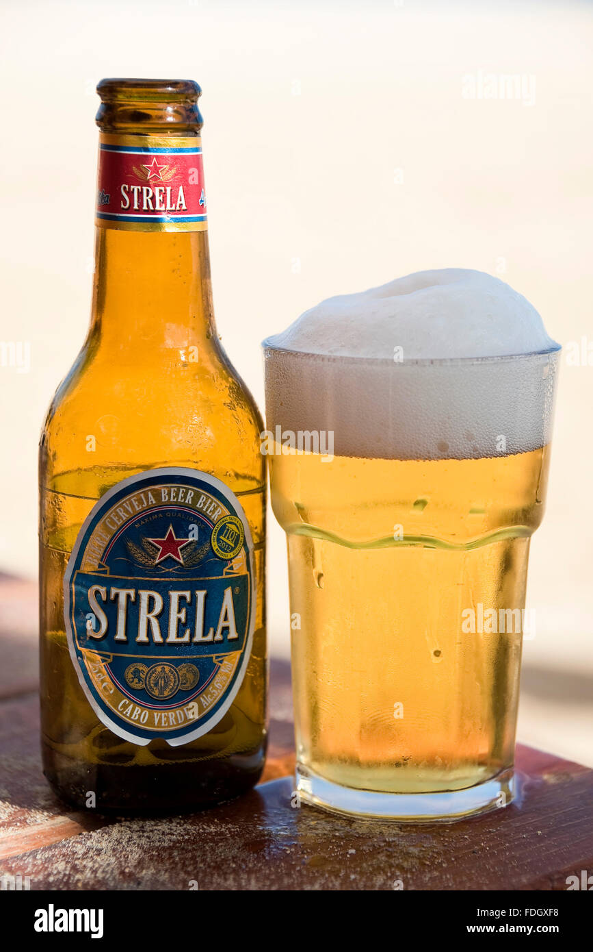 Vertical close up of a bottle of Strela beer in Cape Verde Stock Photo