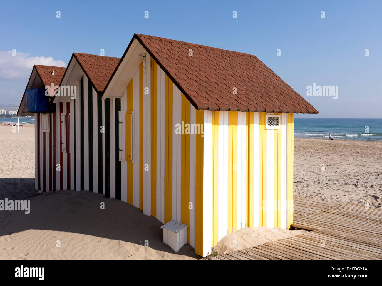 colorful beach service houses in San Juan beach, Mediterranean coast Stock Photo