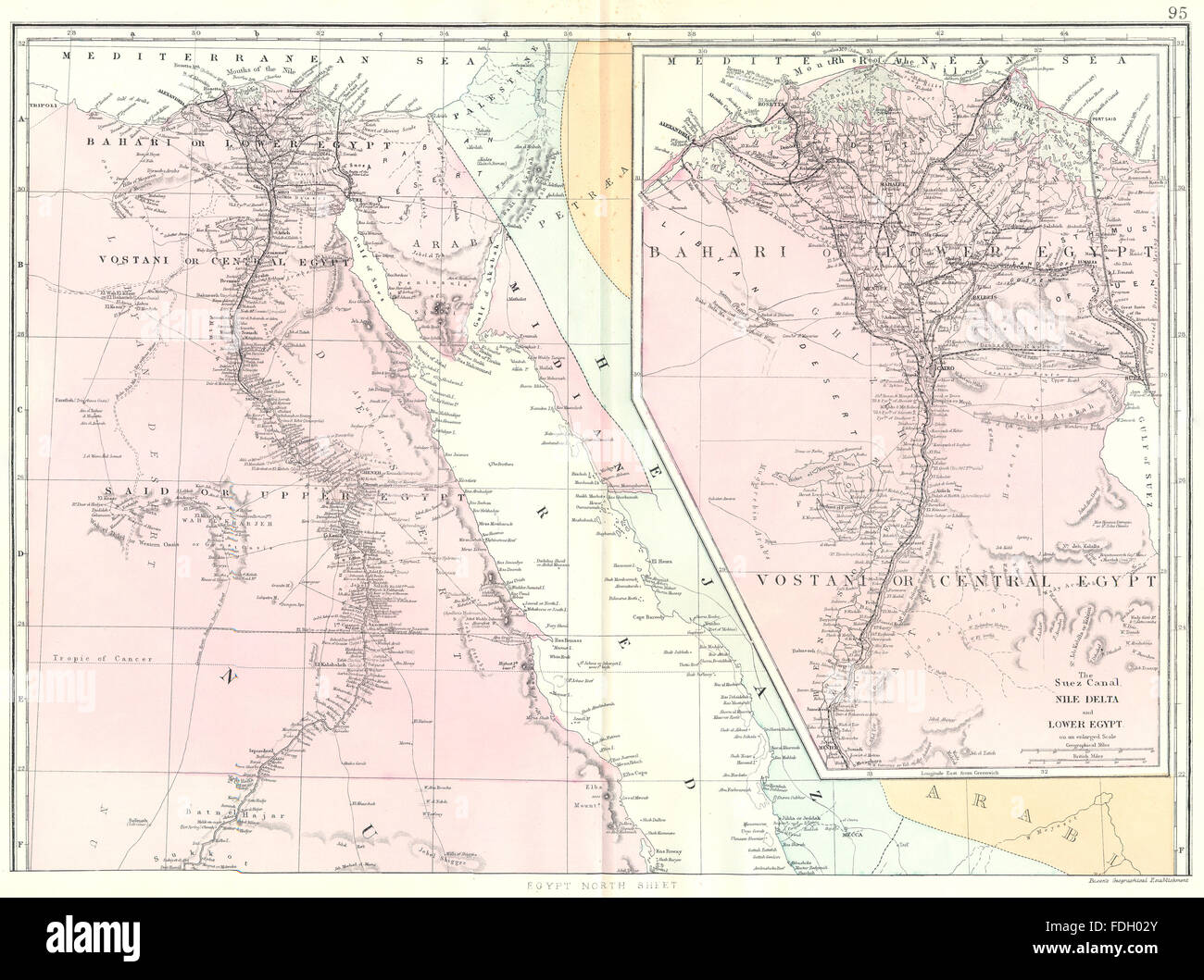 EGYPT: North sheet: Inset Suez Canal Nile Delta. Bahari Vostani. Bacon, 1895 map Stock Photo