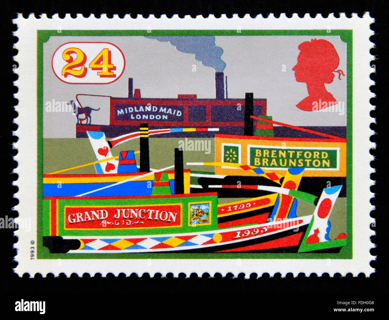 Postage stamp. Great Britain. Queen Elizabeth II. 1993. Inland Waterways. 24p. Stock Photo