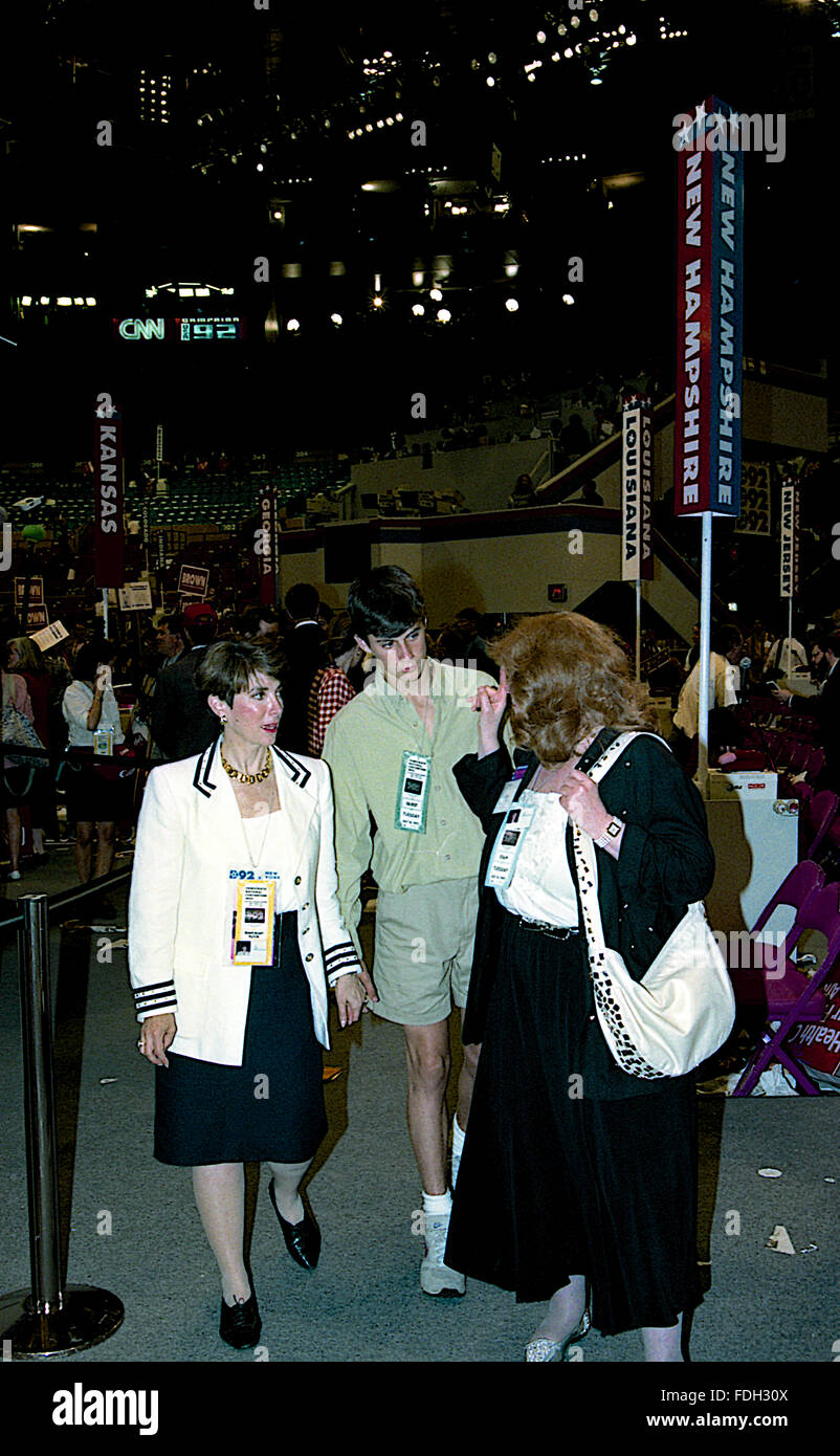 New York, NY., USA, 14th July, 1992 Congresswoman Marjorie Margolies-Mezvinsky (D-PA) and her son Marc Mezvinsky (15 years old)  pose with staff member Linda August while walking the floor of the Democratic National Convention in Madison Square Garden.   Margolies, is a former journalist and a Democratic politician. From 1993 to 1995, she was a member of the U.S. House of Representatives, representing Pennsylvania. Her son, Marc married Chelsea Clinton, the daughter of former U.S. President Bill Clinton and former U.S. Secretary of State Hillary Rodham Clinton. Credit: Mark Reinstein Stock Photo