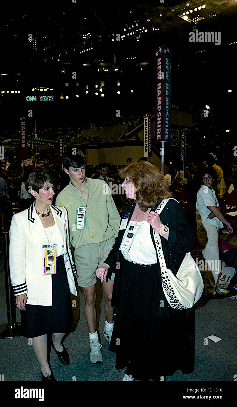 New York, NY., USA 14th July, 1992 Congresswoman Marjorie Margolies-Mezvinsky (D-PA) and her son Marc Mezvinsky (15 years old)  pose with staff member Linda August while walking the floor of the Democratic National Convention in Madison Square Garden.   Margolies, is a former journalist and a Democratic politician. From 1993 to 1995, she was a member of the U.S. House of Representatives, representing Pennsylvania. Her son, Marc married Chelsea Clinton, the daughter of former U.S. President Bill Clinton and former U.S. Secretary of State Hillary Rodham Clinton. Credit: Mark Reinstein Stock Photo