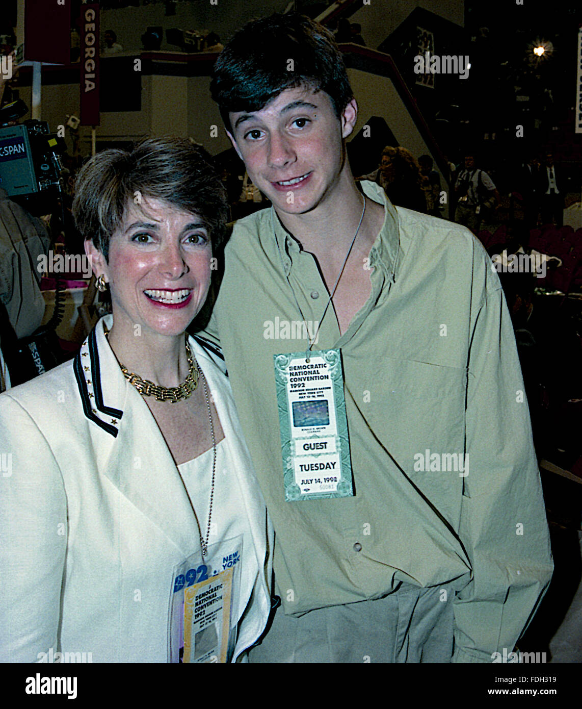 New York, NY., USA, 14th July,1992 Congresswoman Marjorie Margolies-Mezvinsky (D-PA) and her son Marc Mezvinsky (15 years old)  pose together while walking the floor of the Democratic National Convention in Madison Square Garden. Marjorie Margolies, is a former journalist and a Democratic politician. From 1993 to 1995, she was a member of the U.S. House of Representatives, representing Pennsylvania. Her son, Marc Mezvinsky, married Chelsea Clinton, the daughter of former U.S. President Bill Clinton and former U.S. Secretary of State Hillary Rodham Clinton  Credit: Mark Reinstein Stock Photo