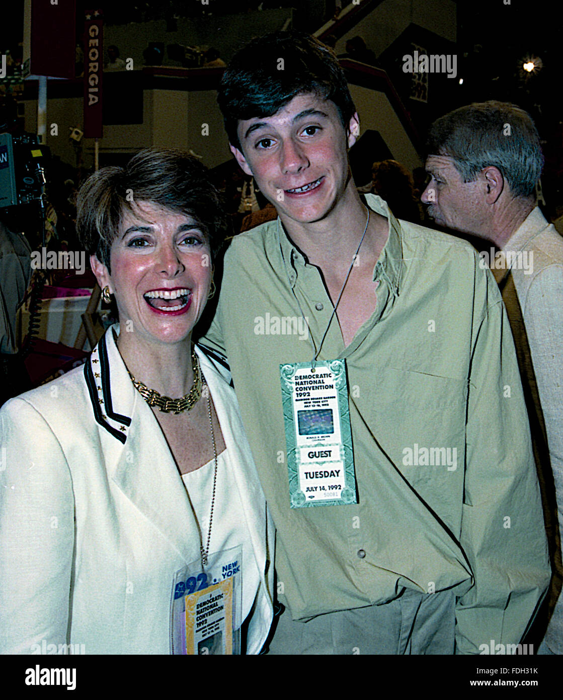 New York, NY., USA, 14th July, 1992 Congresswoman Marjorie Margolies-Mezvinsky (D-PA) and her son Marc Mezvinsky (15 years old)  pose together while walking the floor of the Democratic National Convention in Madison Square Garden. Marjorie Margolies,  is a former journalist and a Democratic politician. From 1993 to 1995, she was a member of the U.S. House of Representatives, representing Pennsylvania. Her son, Marc Mezvinsky, married Chelsea Clinton, the daughter of former U.S. President Bill Clinton and former U.S. Secretary of State Hillary Rodham Clinton. Credit: Mark Reinstein Stock Photo