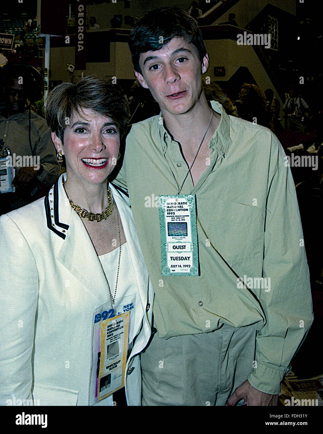 New York, NY., USA, 14th July,1992 Congresswoman Marjorie Margolies-Mezvinsky (D-PA) and her son Marc Mezvinsky (15 years old)  pose together while walking the floor of the Democratic National Convention in Madison Square Garden. Marjorie Margolies, is a former journalist and a Democratic politician. From 1993 to 1995, she was a member of the U.S. House of Representatives, representing Pennsylvania. Her son, Marc Mezvinsky, married Chelsea Clinton, the daughter of former U.S. President Bill Clinton and former U.S. Secretary of State Hillary Rodham Clinton. Credit: Mark Reinstein Stock Photo