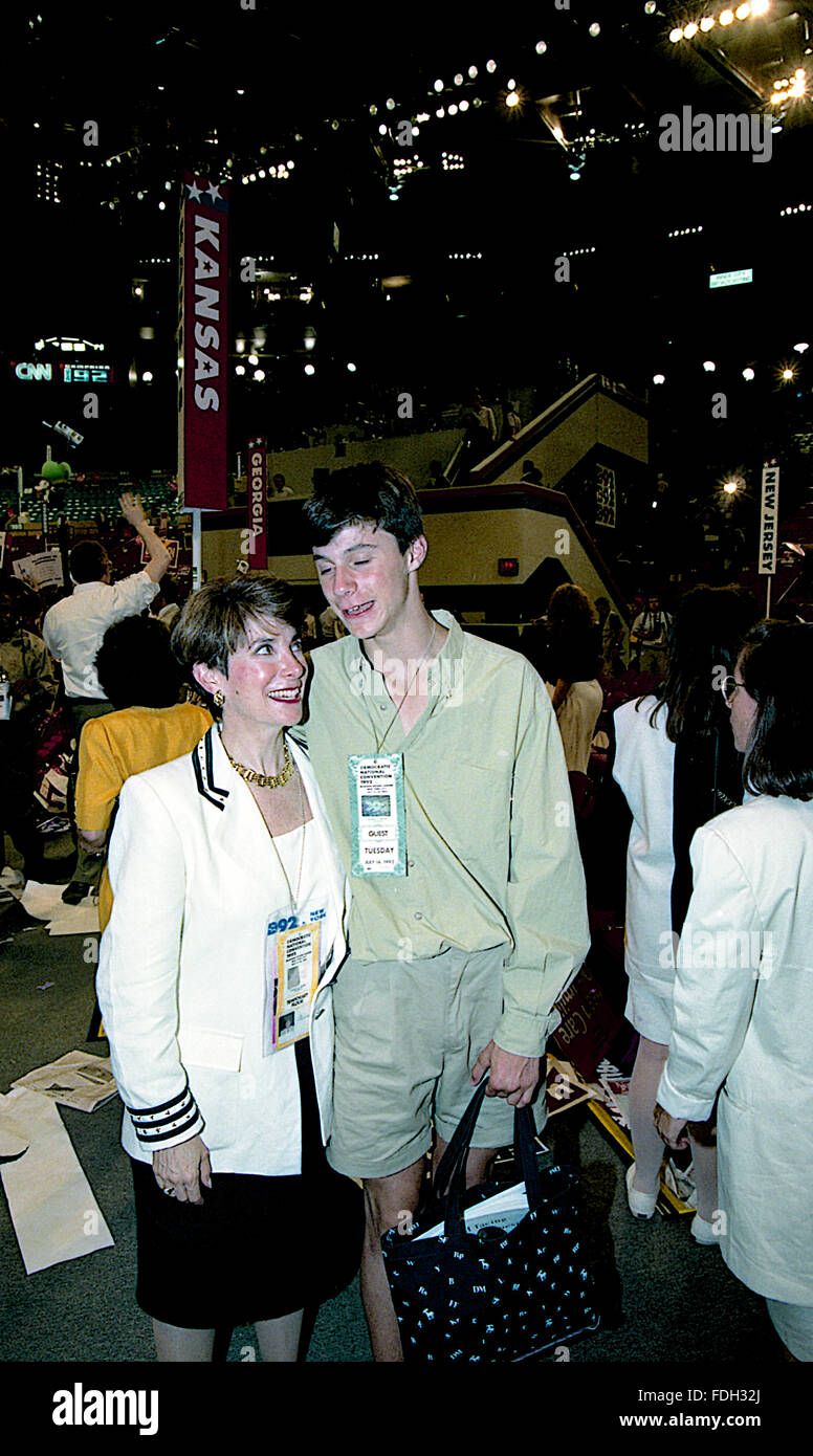 New York, NY., USA, 14th July, 1992 Congresswoman Marjorie Margolies-Mezvinsky (D-PA) and her son Marc Mezvinsky (15 years old)  pose together while walking the floor of the Democratic National Convention in Madison Square Garden.  Marjorie Margolies, is a former journalist and a Democratic politician. From 1993 to 1995, she was a member of the U.S. House of Representatives, representing Pennsylvania. Her son, Marc Mezvinsky, married Chelsea Clinton, the daughter of former U.S. President Bill Clinton and former U.S. Secretary of State Hillary Rodham Clinton. Credit: Mark Reinstein Stock Photo
