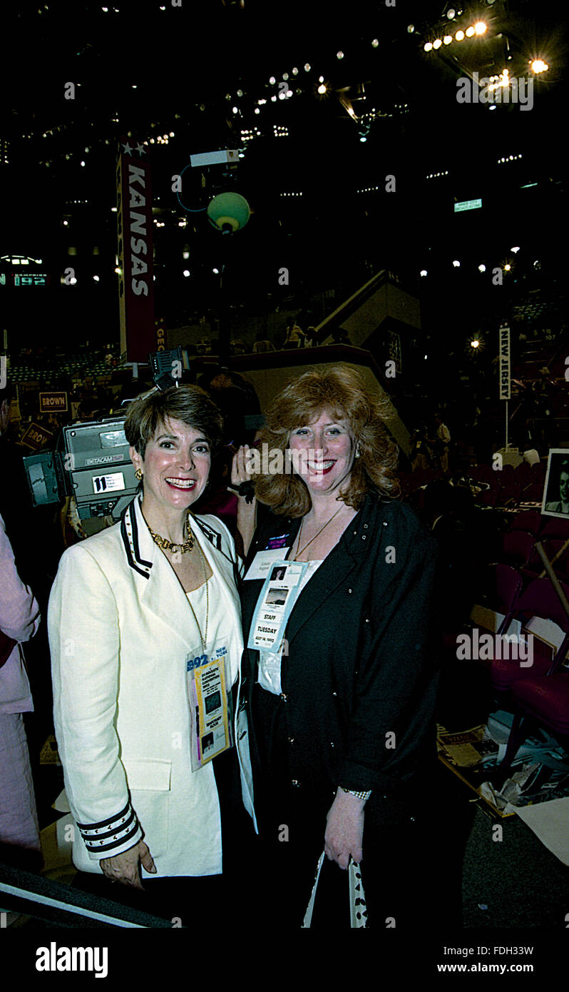 New York, NY., USA, 14th July 1992 Congresswoman Marjorie Margolies-Mezvinsky (D-PA)   poses with staff member Linda August while walking the floor of the Democratic National Convention in Madison Square Garden. Marjorie Margolies, is a former journalist and a Democratic politician. From 1993 to 1995, she was a member of the U.S. House of Representatives, representing Pennsylvania. Margolies is also Chelsea Clinton's mother in law Credit: Mark Reinstein Stock Photo