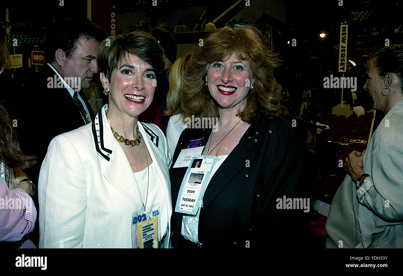 New York, NY., USA, 14th July 1992 Congresswoman Marjorie Margolies-Mezvinsky (D-PA)   poses with staff member Linda August while walking the floor of the Democratic National Convention in Madison Square Garden.  Marjorie Margolies, is a former journalist and a Democratic politician. From 1993 to 1995, she was a member of the U.S. House of Representatives, representing Pennsylvania. Margolies is also Chelsea Clinton's mother in law Credit: Mark Reinstein Stock Photo