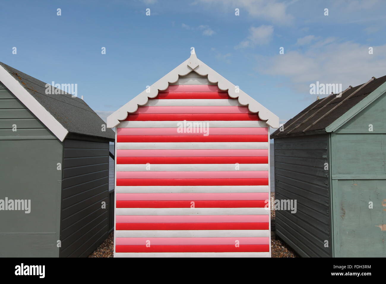 Stripey red beach hut, Tankerton, Kent Stock Photo