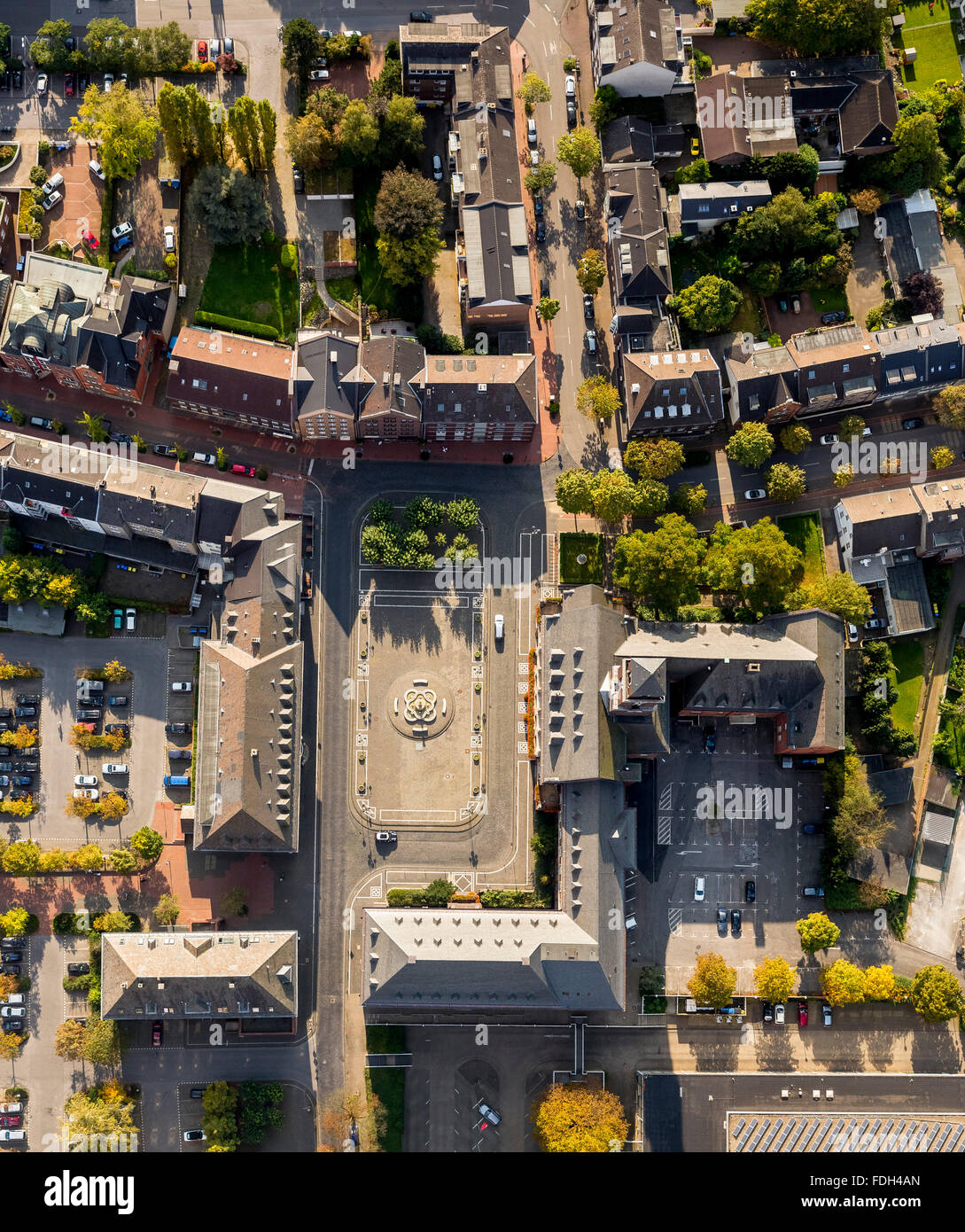 Aerial view, Ernst-Wilczok Square and Town Hall Bottrop, City Hall Fountain, Town Square, Market Square, Bottrop, Ruhr region, Stock Photo