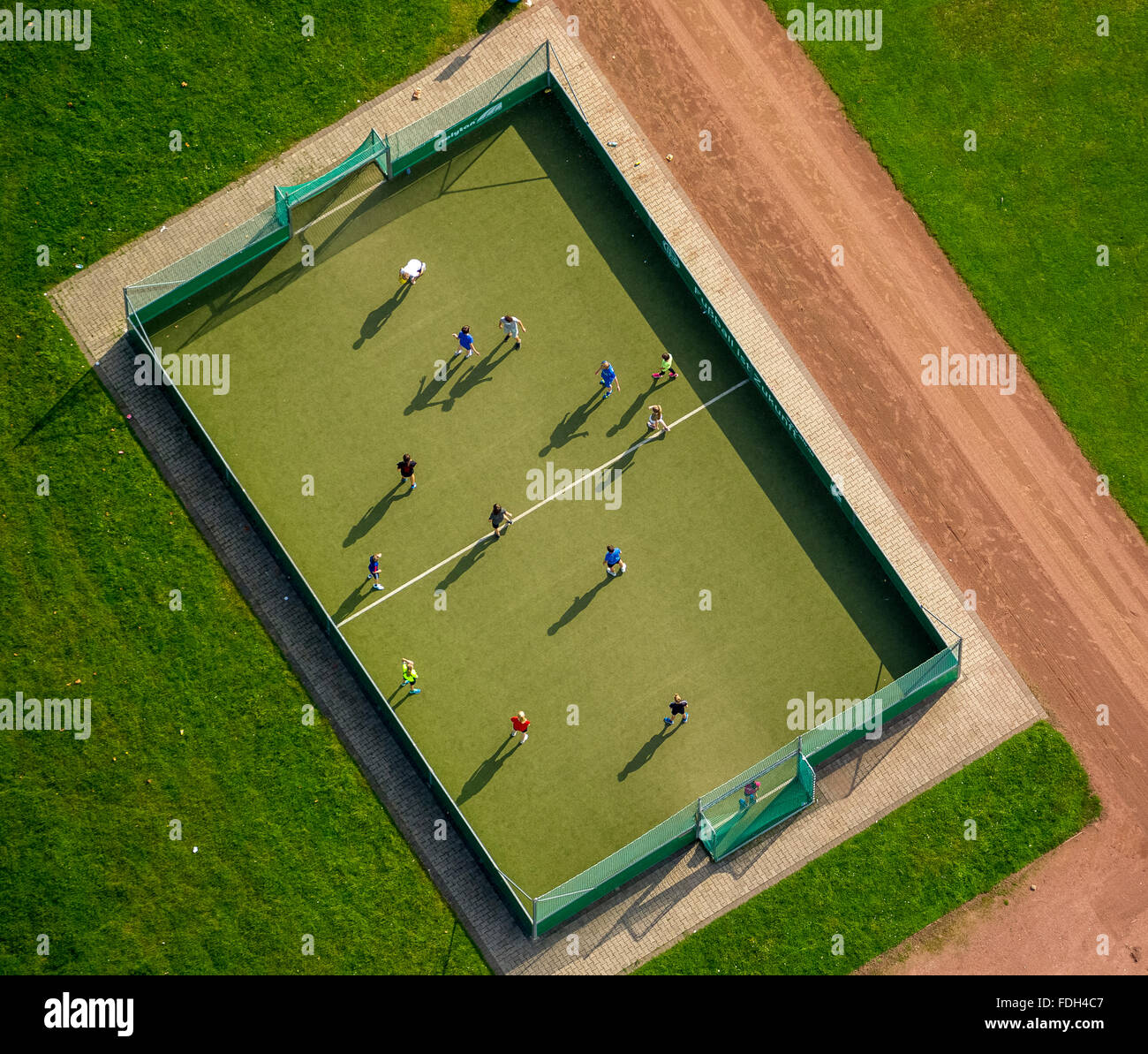 Aerial view, football is the future, offense, football field on crickets, Dinslaken, Ruhr area, Lower Rhine, Stock Photo