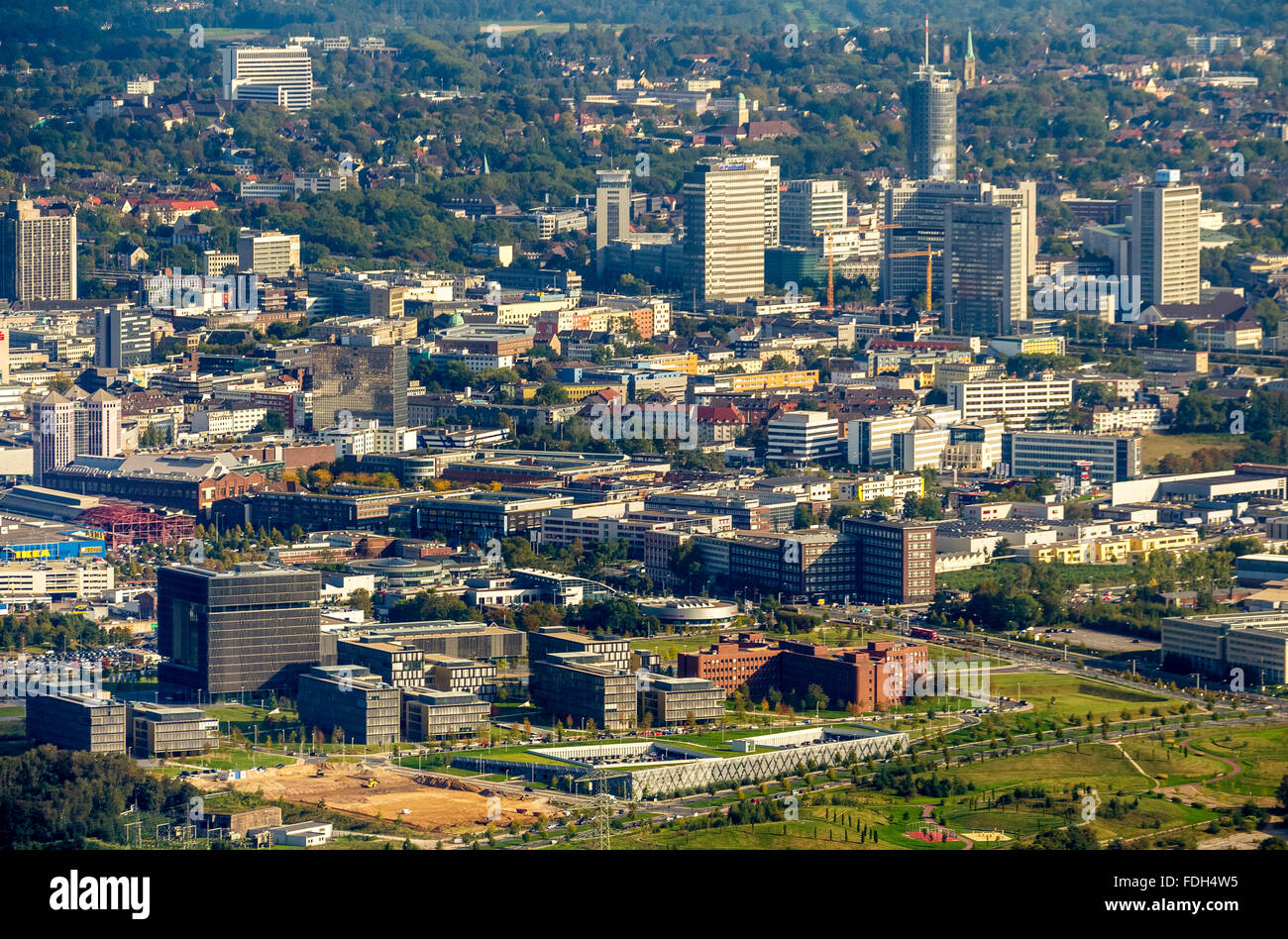 Aerial view, ThyssenKrupp Headquarters Essen with Krupp Belt, with the Cita of Essen, Essen, Ruhr, North Rhine Westphalia, Stock Photo