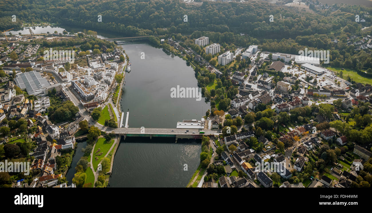 Aerial view, the Ruhr, lakeside Kettwig Reservoir Essen-Kettwig, Ruhr Valley, Ruhr, building area, Stock Photo