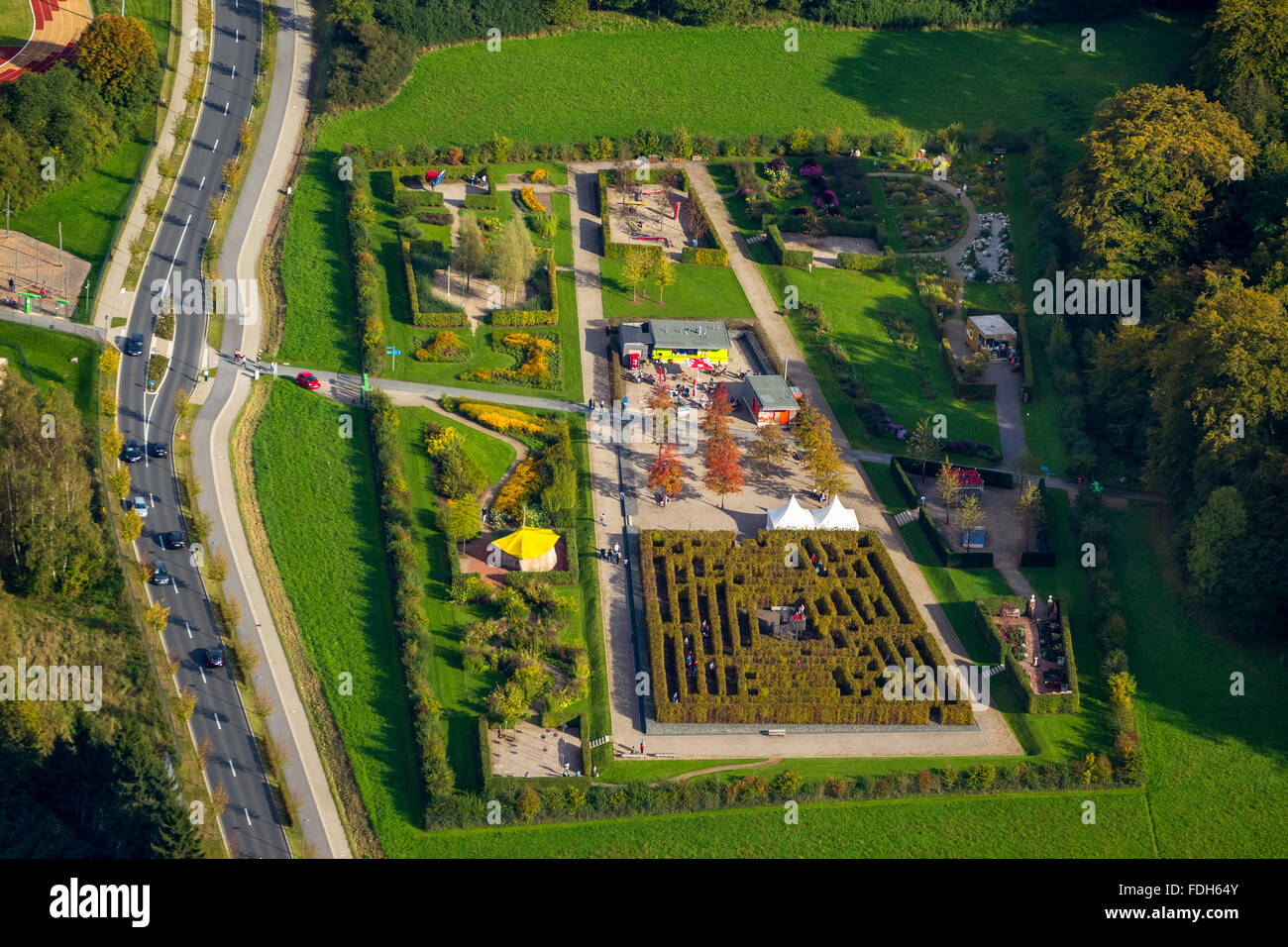 Aerial view, labyrinth former Landesgartenschau, Sauerland Hemer GmbH, hedge maze, playground, Hemer, Sauerland, Stock Photo