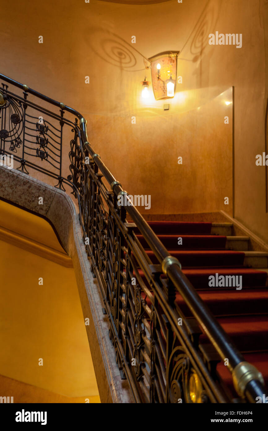 Art Nouveau interior of the Grand Hotel Europa Prague Czech Republic lamp and stairs hotel design Stock Photo