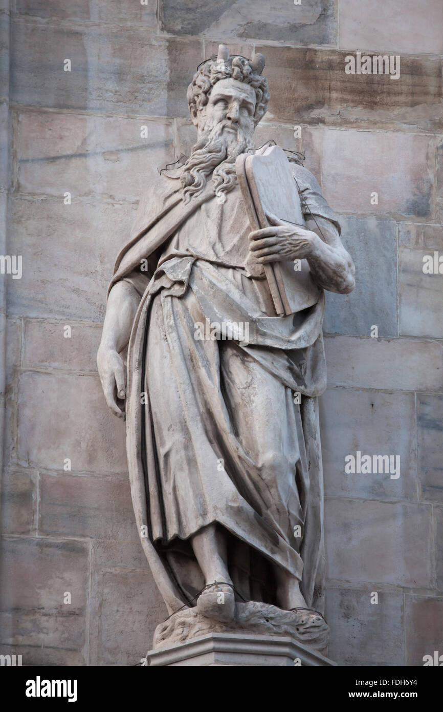 Moses. Marble statue on the south facade of the Milan Cathedral (Duomo di Milano) in Milan, Lombardy, Italy. Stock Photo