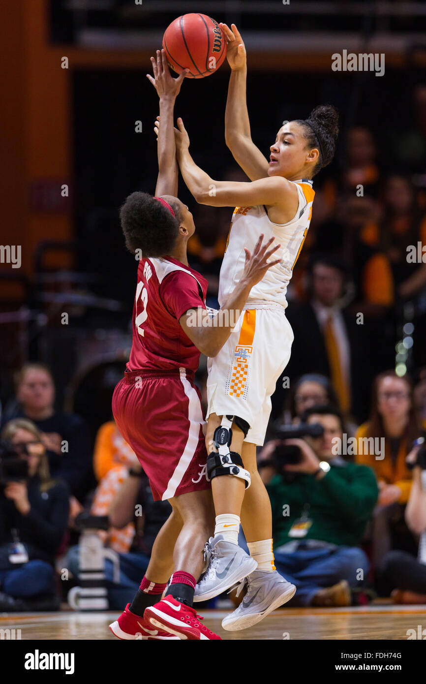 January 31, 2016: Andraya Carter #14 of the Tennessee Lady Volunteers tries to pass the ball by C'Coriea Foy #12 of the Alabama Crimson Tide during the NCAA basketball game between the University of Tennessee Lady Volunteers and the University of Alabama Crimson Tide at Thompson Boling Arena in Knoxville TN Tim Gangloff/CSM Stock Photo