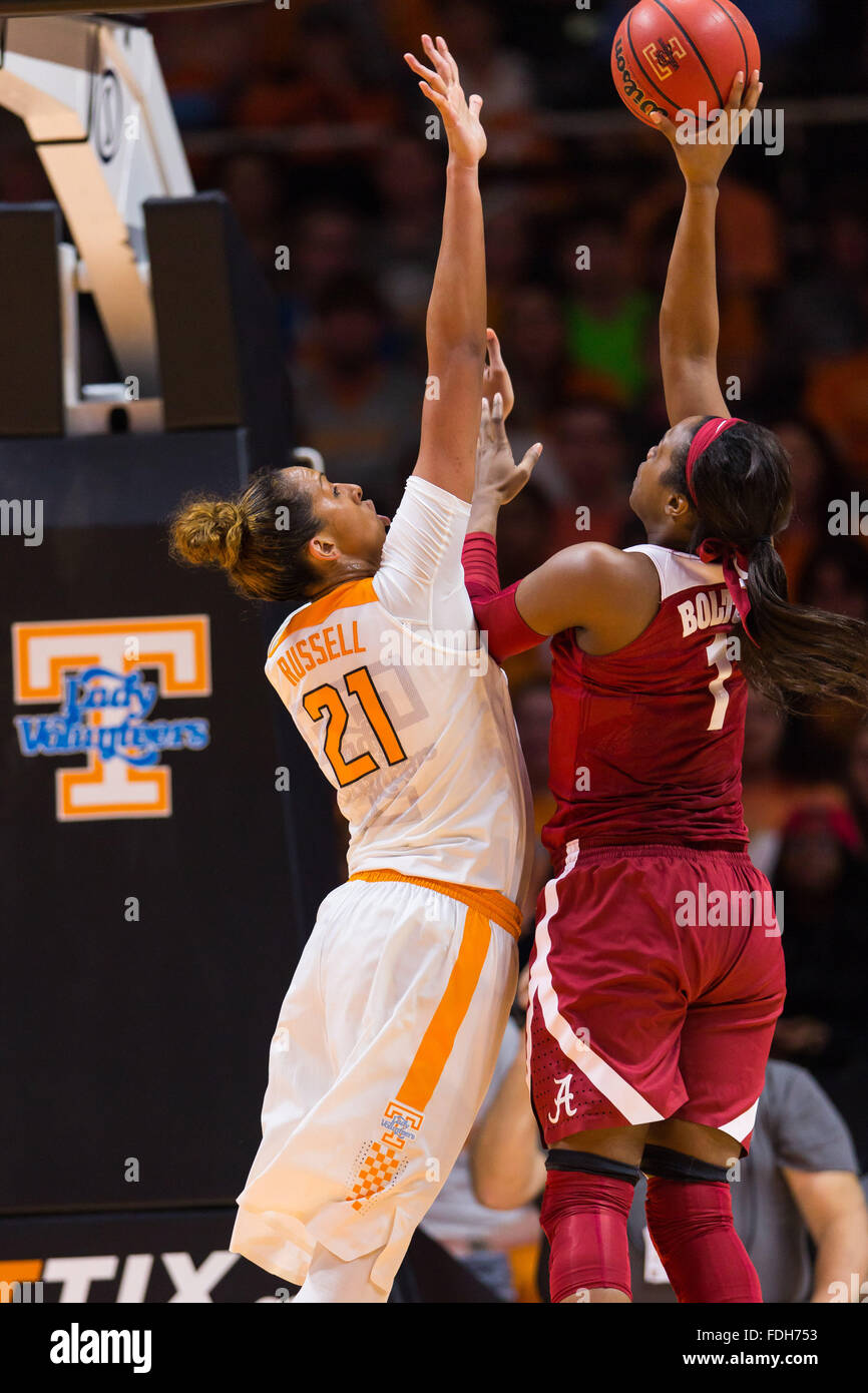 January 31, 2016: Quanetria Bolton #1 of the Alabama Crimson Tide shoots the ball over Mercedes Russell #21 of the Tennessee Lady Volunteers during the NCAA basketball game between the University of Tennessee Lady Volunteers and the University of Alabama Crimson Tide at Thompson Boling Arena in Knoxville TN Tim Gangloff/CSM Stock Photo