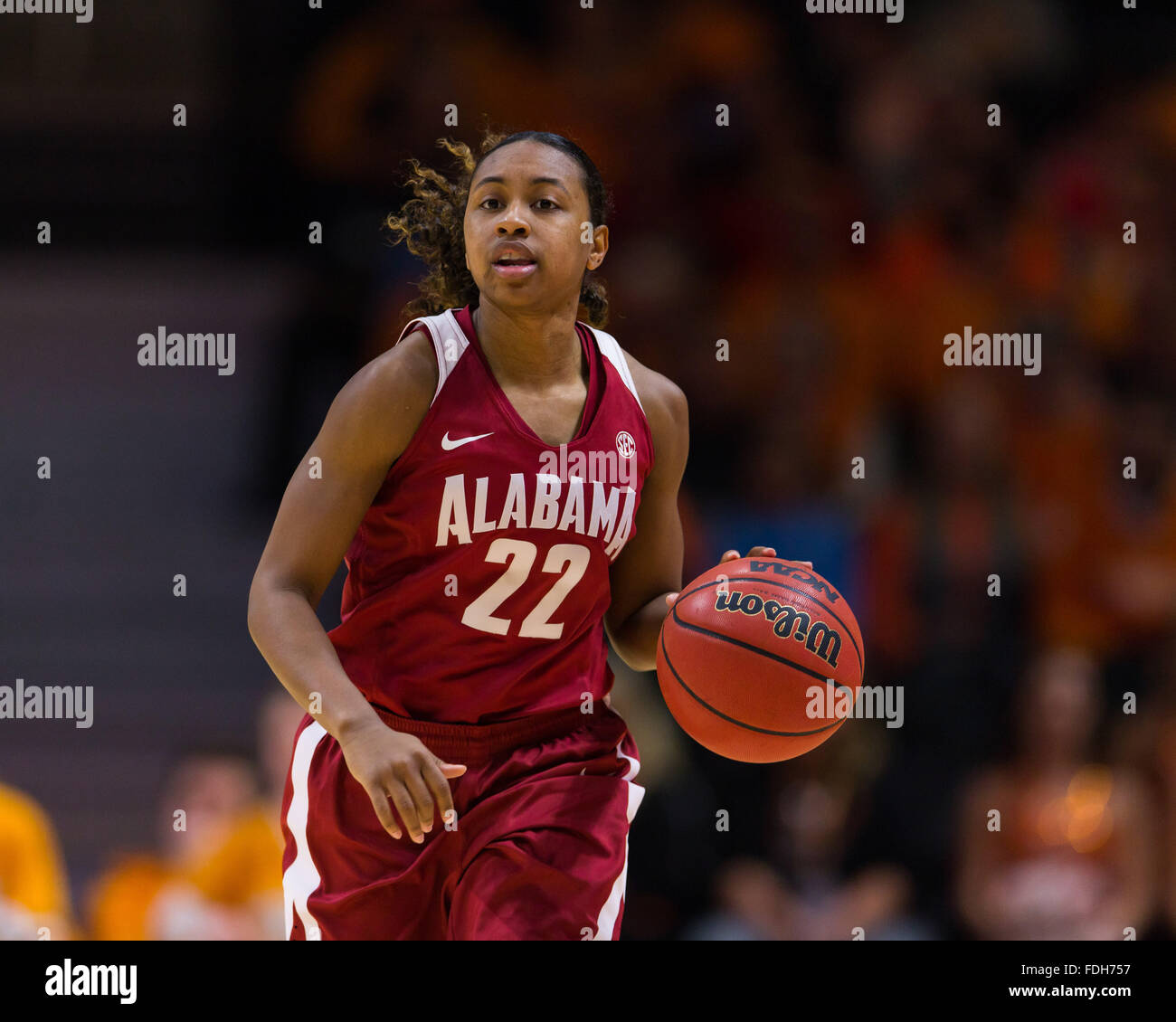 January 31, 2016: Karyla Middlebrook #22 of the Alabama Crimson Tide brings the ball up court during the NCAA basketball game between the University of Tennessee Lady Volunteers and the University of Alabama Crimson Tide at Thompson Boling Arena in Knoxville TN Tim Gangloff/CSM Stock Photo