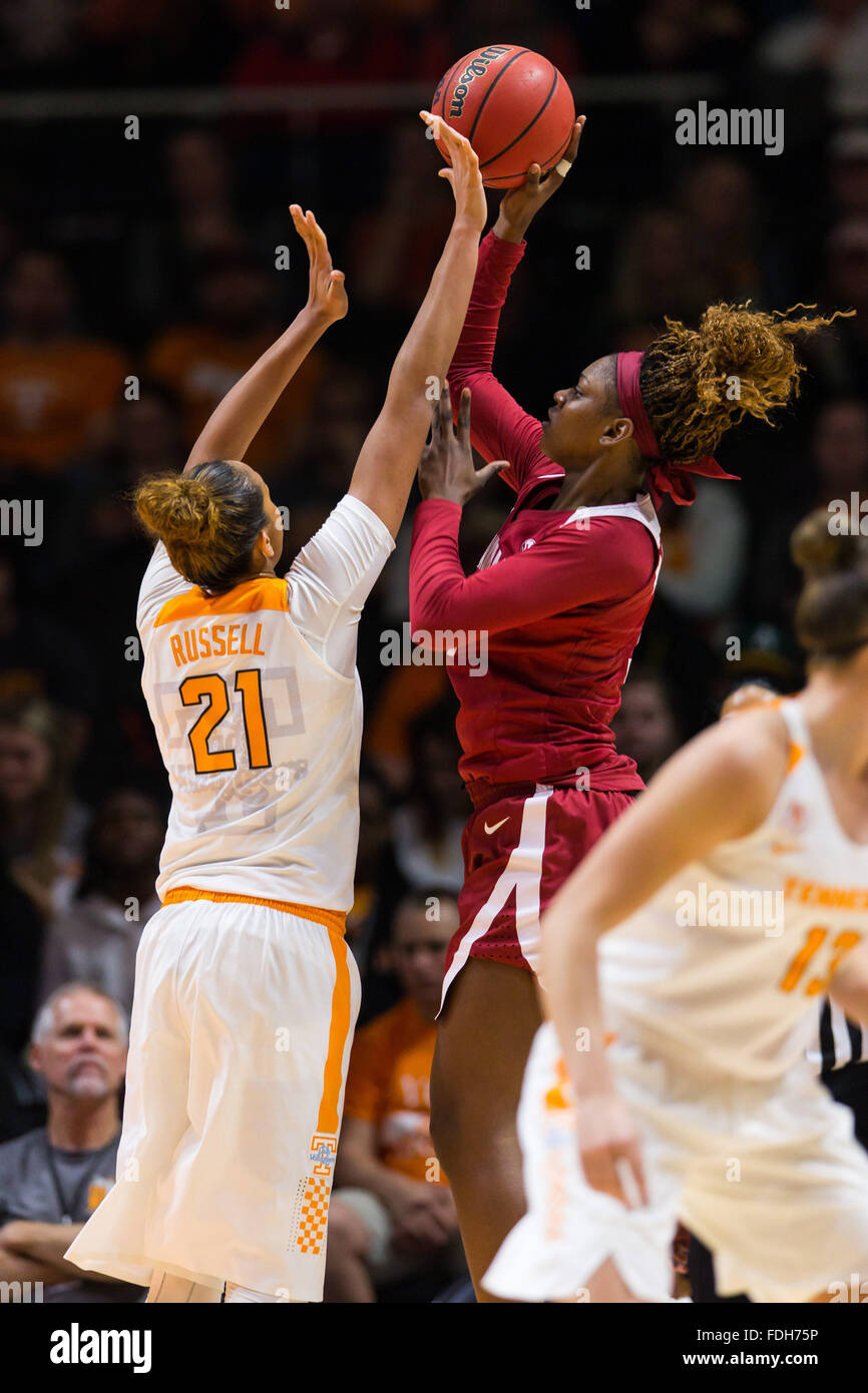 January 31, 2016: Mercedes Russell #21 of the Tennessee Lady Volunteers defends the shot of Diamante Martinez #35 of the Alabama Crimson Tide during the NCAA basketball game between the University of Tennessee Lady Volunteers and the University of Alabama Crimson Tide at Thompson Boling Arena in Knoxville TN Tim Gangloff/CSM Stock Photo