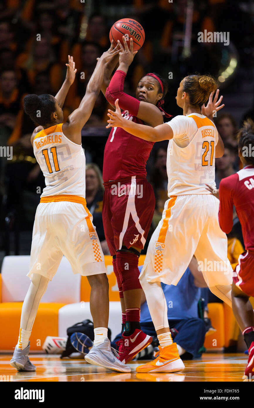 January 31, 2016: Quanetria Bolton #1 of the Alabama Crimson Tide tries to pass the ball by Diamond DeShields #11 and Mercedes Russell #21 of the Tennessee Lady Volunteers during the NCAA basketball game between the University of Tennessee Lady Volunteers and the University of Alabama Crimson Tide at Thompson Boling Arena in Knoxville TN Tim Gangloff/CSM Stock Photo