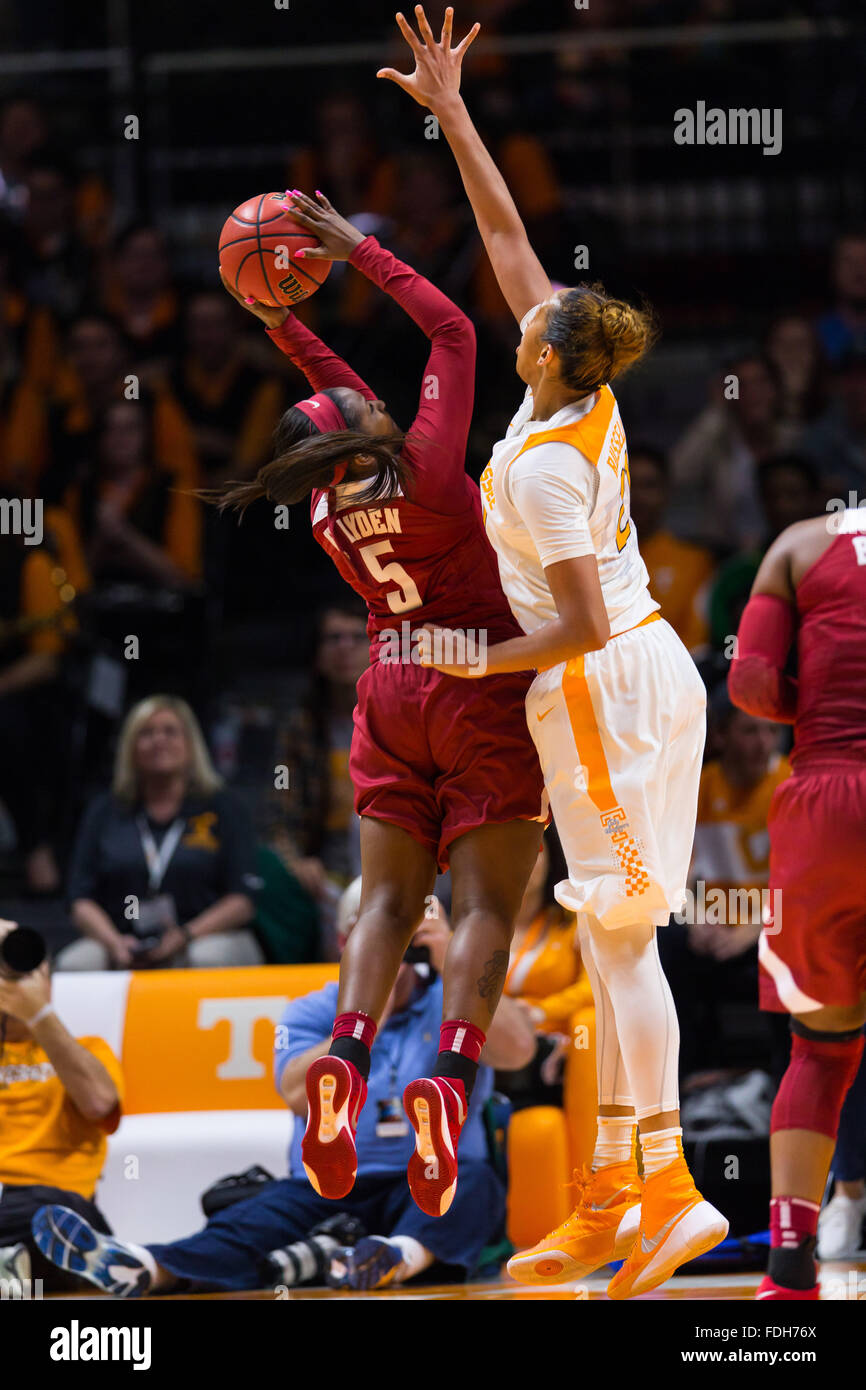 January 31, 2016: Mercedes Russell #21 of the Tennessee Lady Volunteers tries to block the shot of Breanna Hayden #5 of the Alabama Crimson Tide during the NCAA basketball game between the University of Tennessee Lady Volunteers and the University of Alabama Crimson Tide at Thompson Boling Arena in Knoxville TN Tim Gangloff/CSM Stock Photo