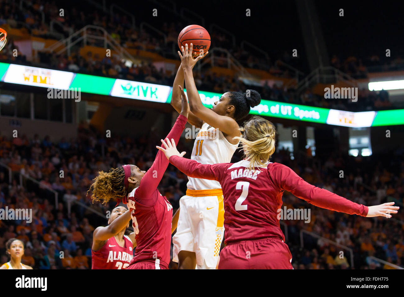 January 31, 2016: Diamond DeShields #11 of the Tennessee Lady Volunteers shoots the ball over Diamante Martinez #35 of the Alabama Crimson Tide during the NCAA basketball game between the University of Tennessee Lady Volunteers and the University of Alabama Crimson Tide at Thompson Boling Arena in Knoxville TN Tim Gangloff/CSM Stock Photo