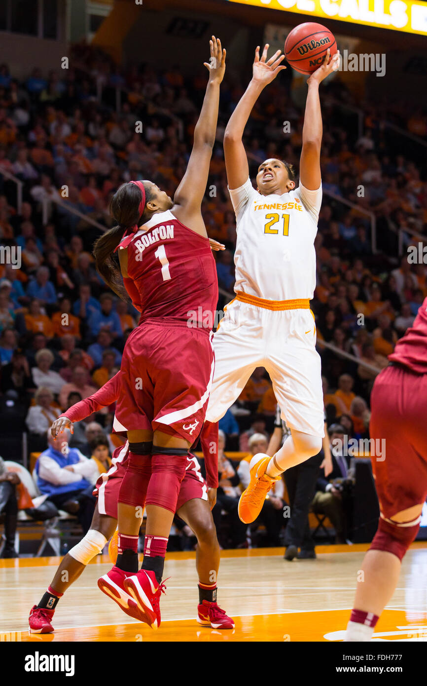 January 31, 2016: Mercedes Russell #21 of the Tennessee Lady Volunteers shoots the ball over Quanetria Bolton #1 of the Alabama Crimson Tide during the NCAA basketball game between the University of Tennessee Lady Volunteers and the University of Alabama Crimson Tide at Thompson Boling Arena in Knoxville TN Tim Gangloff/CSM Stock Photo