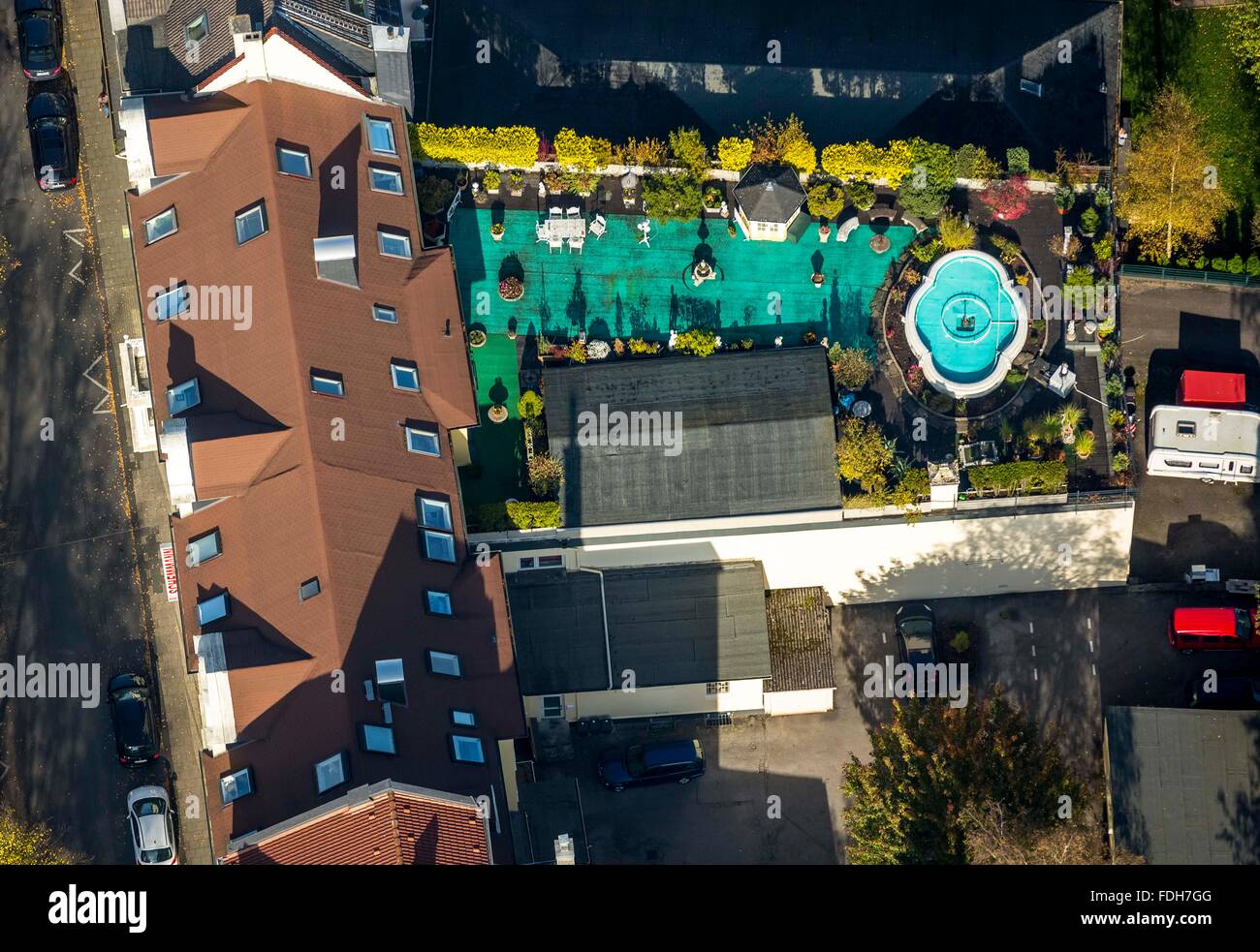 Aerial view, Better Living with rooftop northern city of Schwelm, swimming pool, housing quality, Schwelm, Ennepe-Ruhr-Kreis, Stock Photo