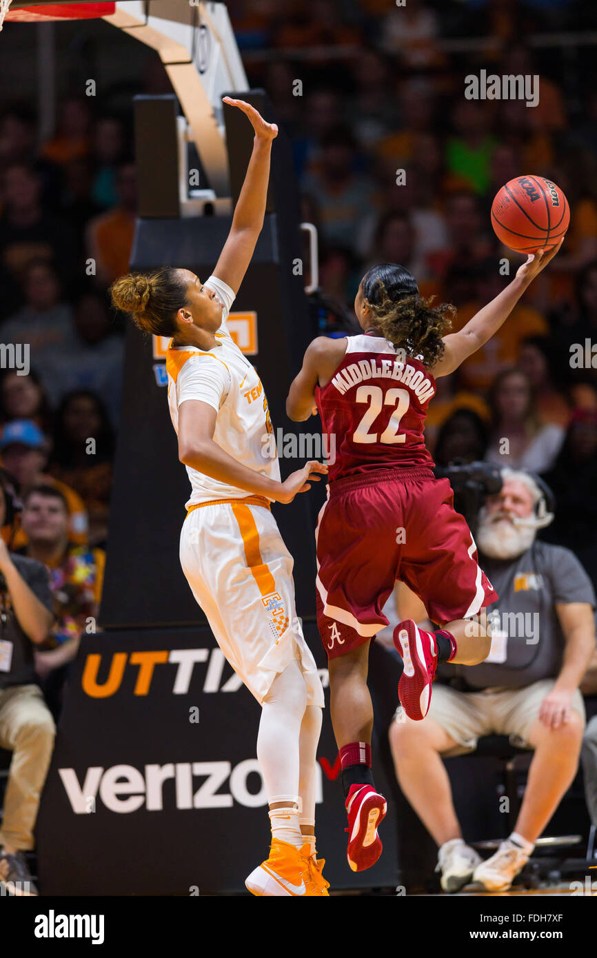January 31, 2016: Karyla Middlebrook #22 of the Alabama Crimson Tide shoots the ball against Mercedes Russell #21 of the Tennessee Lady Volunteers during the NCAA basketball game between the University of Tennessee Lady Volunteers and the University of Alabama Crimson Tide at Thompson Boling Arena in Knoxville TN Tim Gangloff/CSM Stock Photo