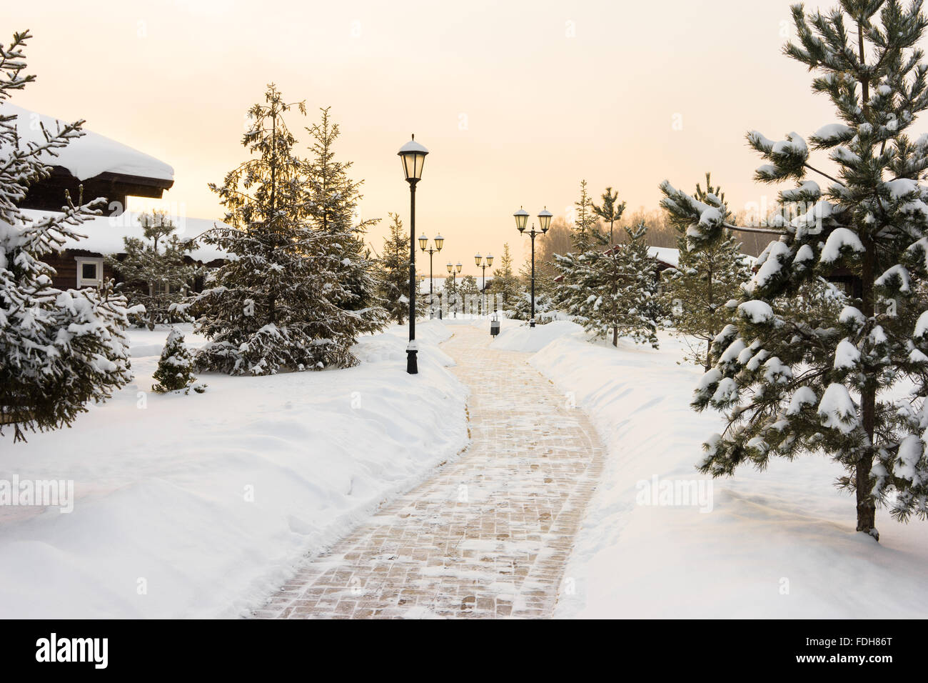 Winter night landscape, small house among Stock Photo