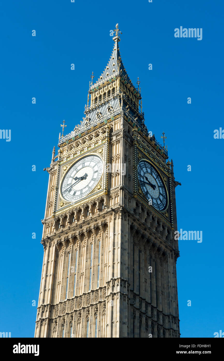 The top half of Big Ben in London, England. Stock Photo