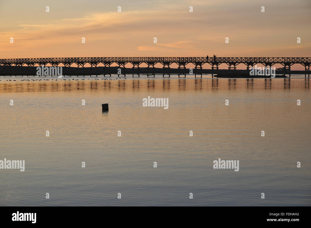 Wooden bridge of Quinta do Lago during twilight. Algarve, Portugal