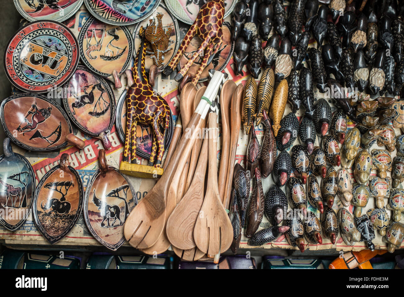 Souvenirs for sale at the Manzini Wholesale Produce and Craft Market in Swaziland, Africa. Stock Photo