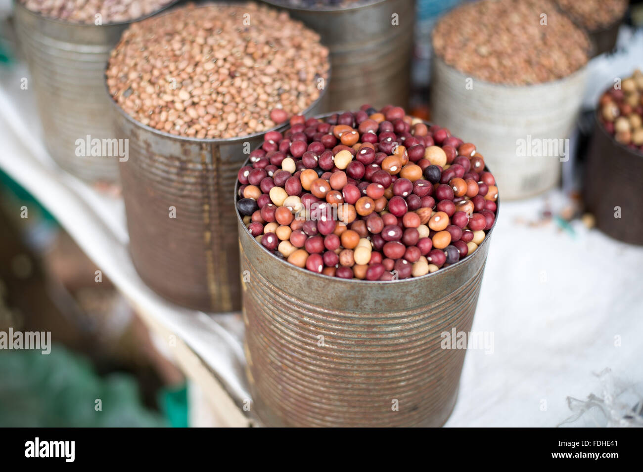 Beans and grains for sale at the Manzini Wholesale Produce and Craft Market in Swaziland, Africa Stock Photo