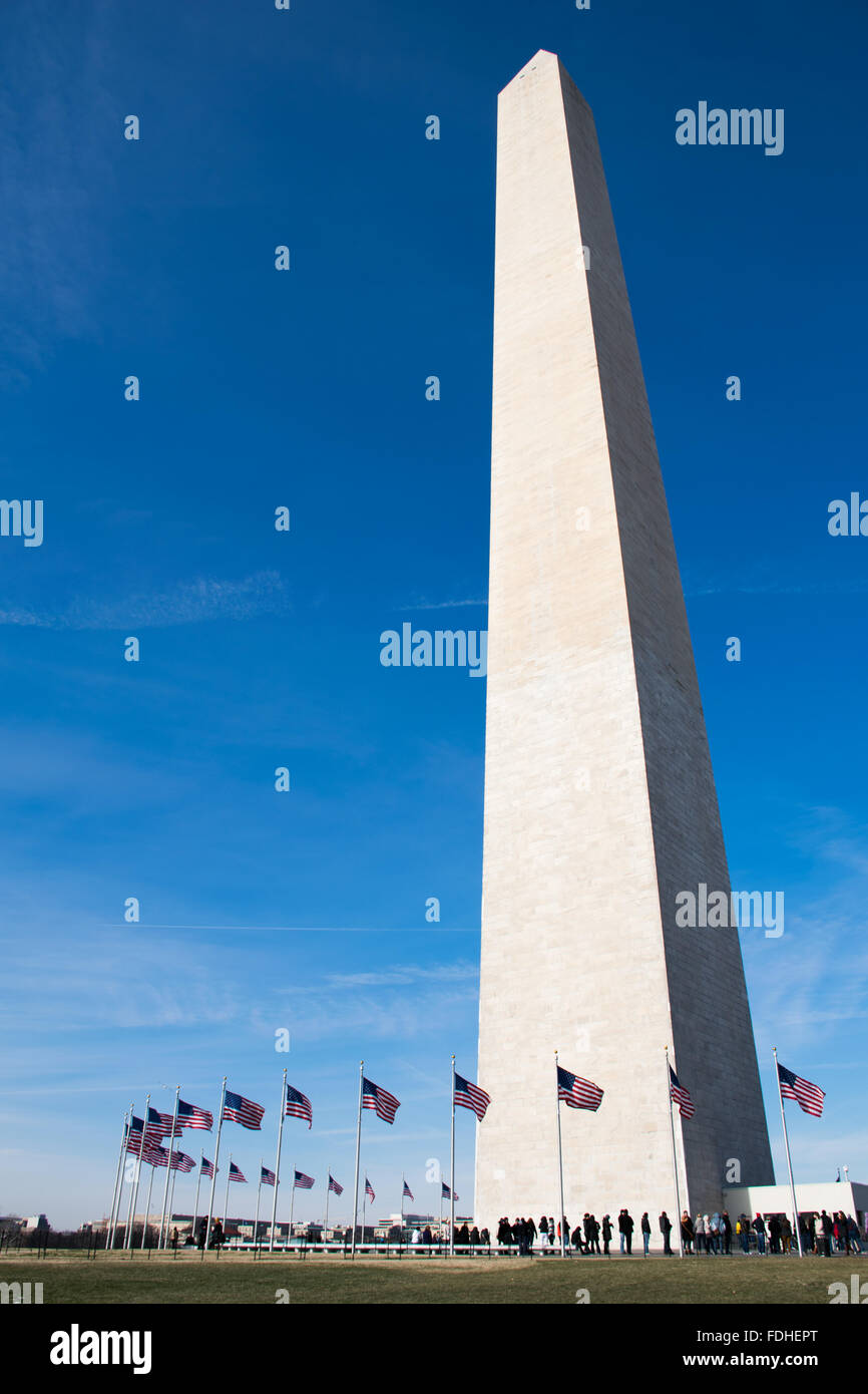 WASHINGTON DC, USA - Built to honor George Washington, the country's first president, the 555-foot marble obelisk towers over Washington DC and stands in the center of the National Mall. Stock Photo