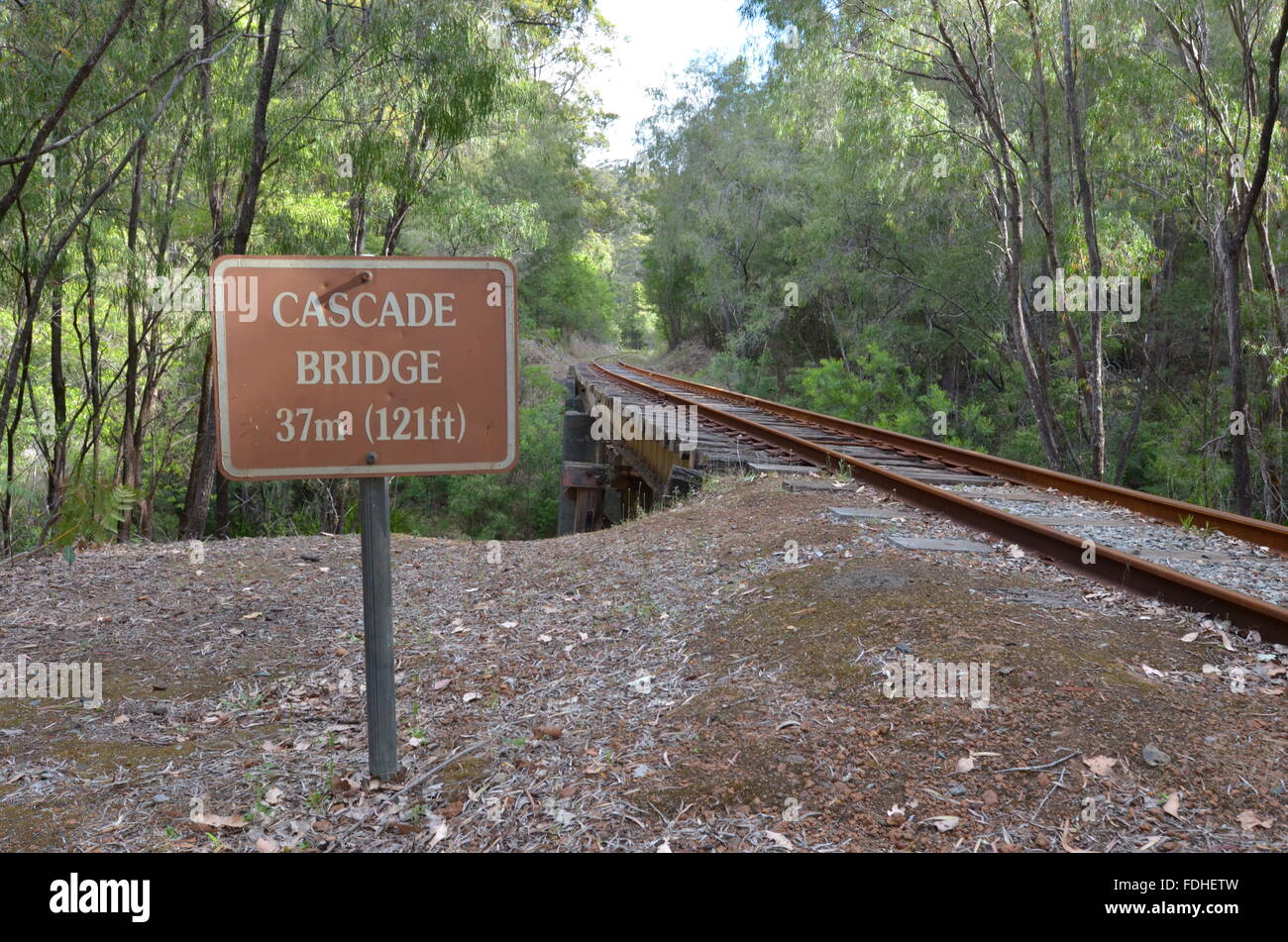 Sign in front of the Cascade Bridge of the Pemberton Tramway running