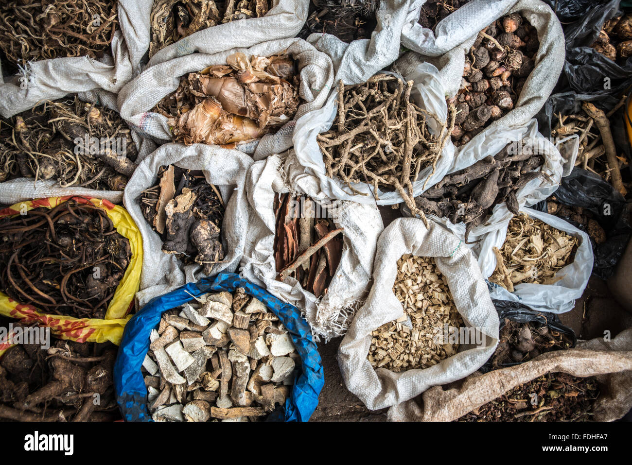 Medicinal herbs for sale at the Manzini Wholesale Produce and Craft Market in Swaziland, Africa Stock Photo