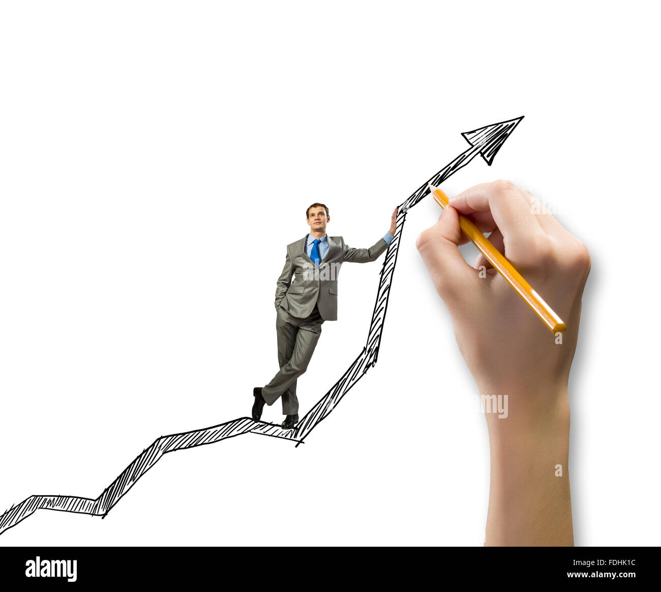 Young businessman standing on drawn graph arrow Stock Photo - Alamy