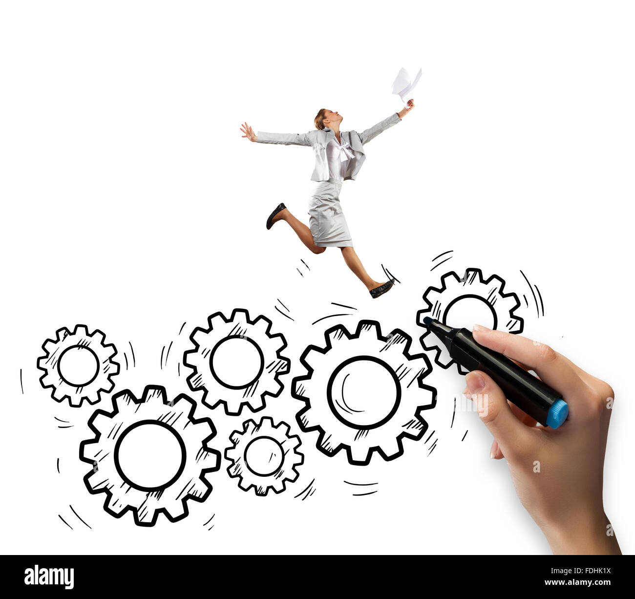 Young businesswoman jumping above hand drawn gears Stock Photo Alamy