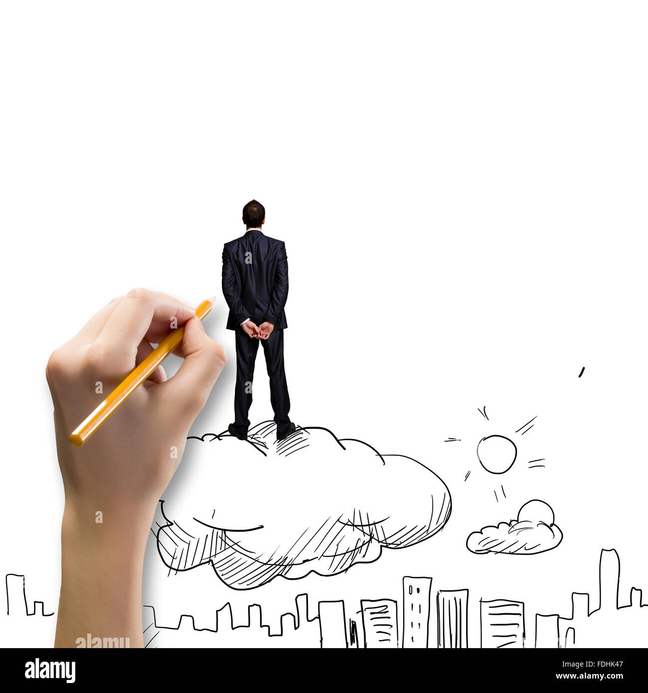 Rear view of businessman standing on cloud and looking at city Stock ...