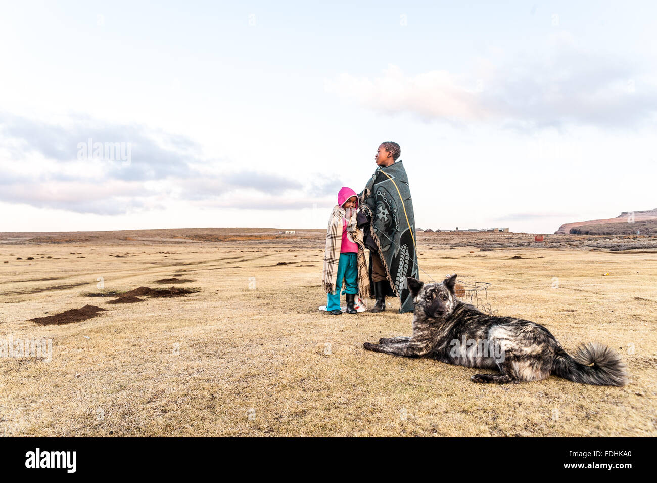 Children wrapped in blankets, standing with their dog on a vast plane in Sani Pass, Lesotho, Africa Stock Photo