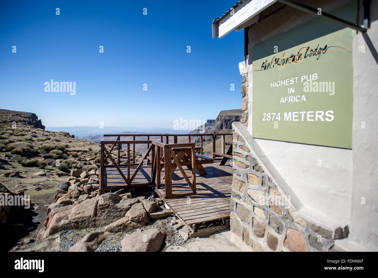 Balcony and exterior of Sani Mountain Lodge in Lesotho, Africa Stock Photo