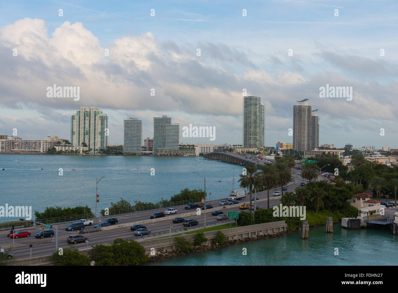 MacArthur Causeway seen from the Main Channel, In Miami Stock Photo