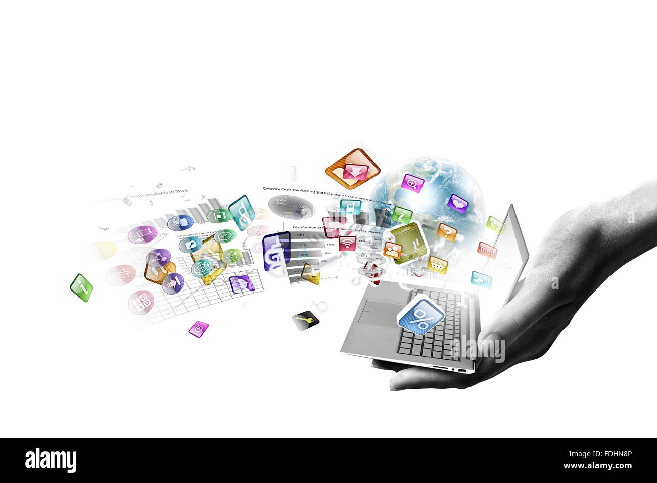 Close up of hand with laptop and media icons. Elements of this image ...
