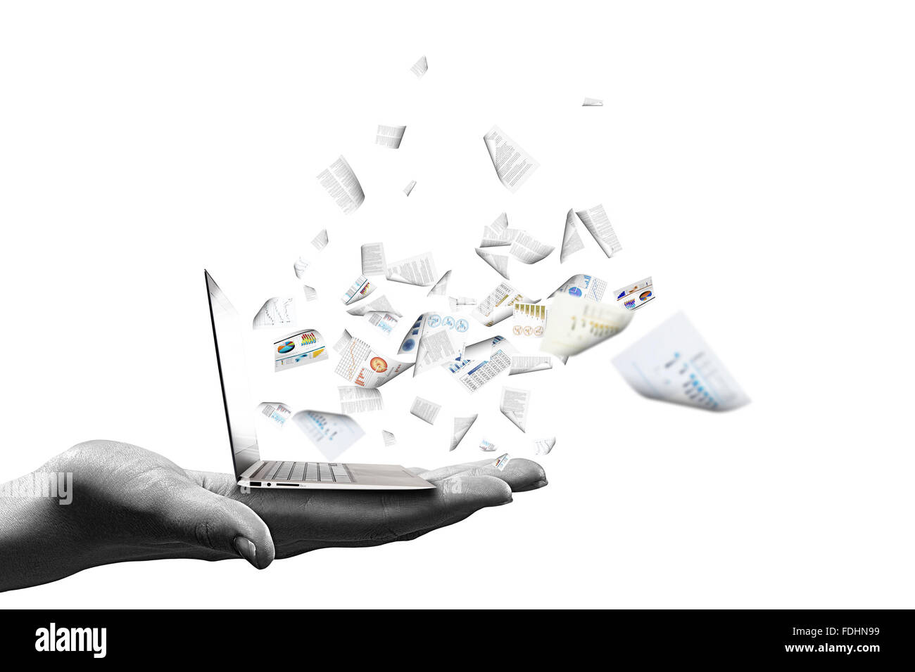 Close up of hand with laptop and media icons Stock Photo - Alamy
