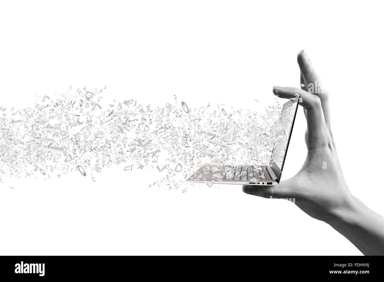Close up of hand with laptop and media icons Stock Photo - Alamy
